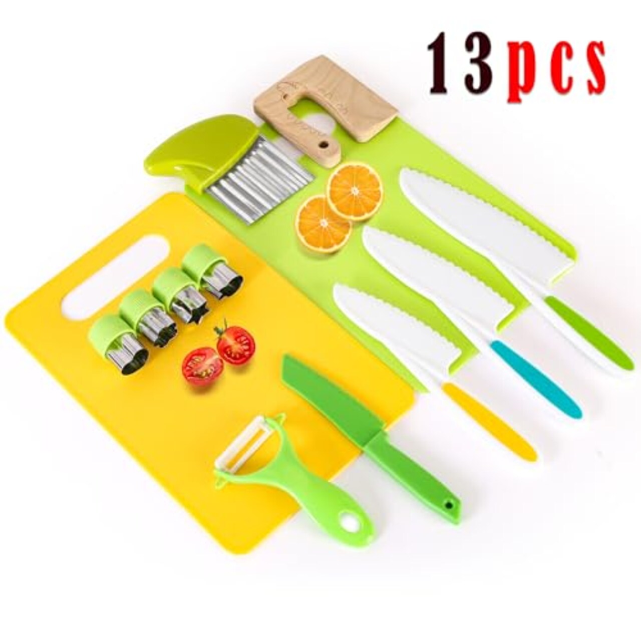13 PCS Montessori Kitchen Tools Cookware Baking Toy for Toddlers Kids, Toddler Safe Knife Set for Real Cooking, Cutting Boards, Crinkle Cutter, Serrated Edges and Wooden Safe Knives
